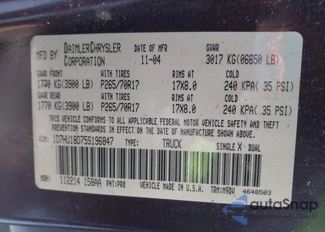 2005 Dodge Ram 1500 Slt/Laramie из США, поврежденный, VIN 1D7HU18D75S196847